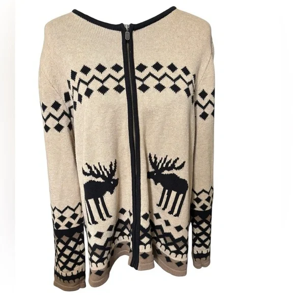CJ Banks Women’s 1X Cotton Zip Cardigan Sweater Tan Black Moose Nordic Fair Isle - Picture 1 of 10